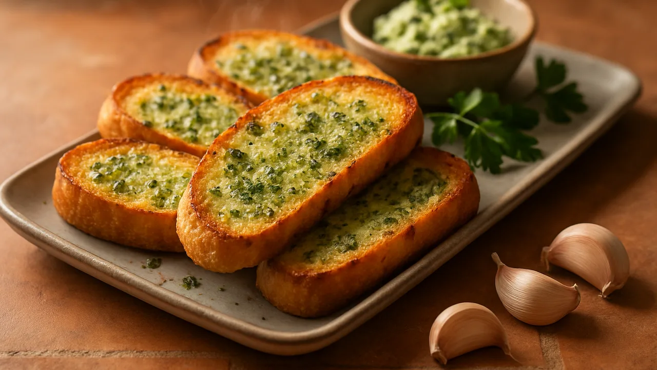 Knoblauchbrot mit Kräuterbutter aus dem Airfryer mit Baguette und Butter, auf Terracotta-Fliesen angerichtet.