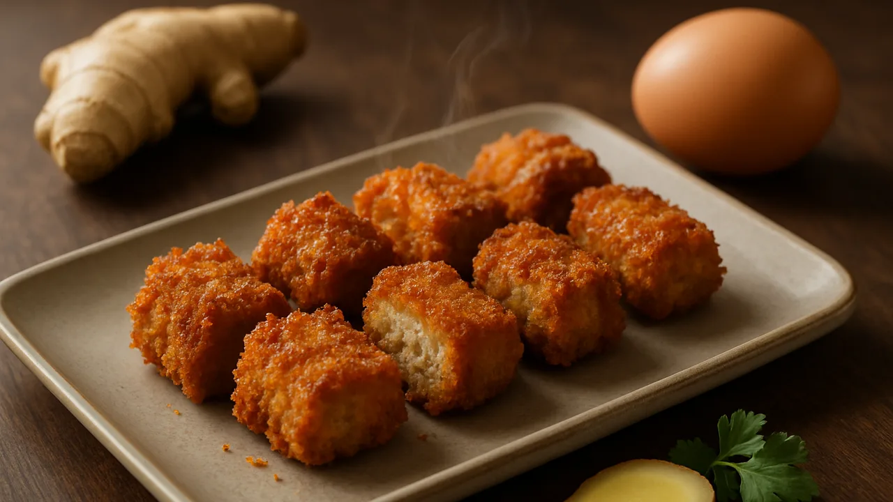 Knusprig Bratwurst Nuggets mit Ingwer aus dem Airfryer mit Bratwurst und Ingwer, auf dunklem Walnussholz angerichtet.