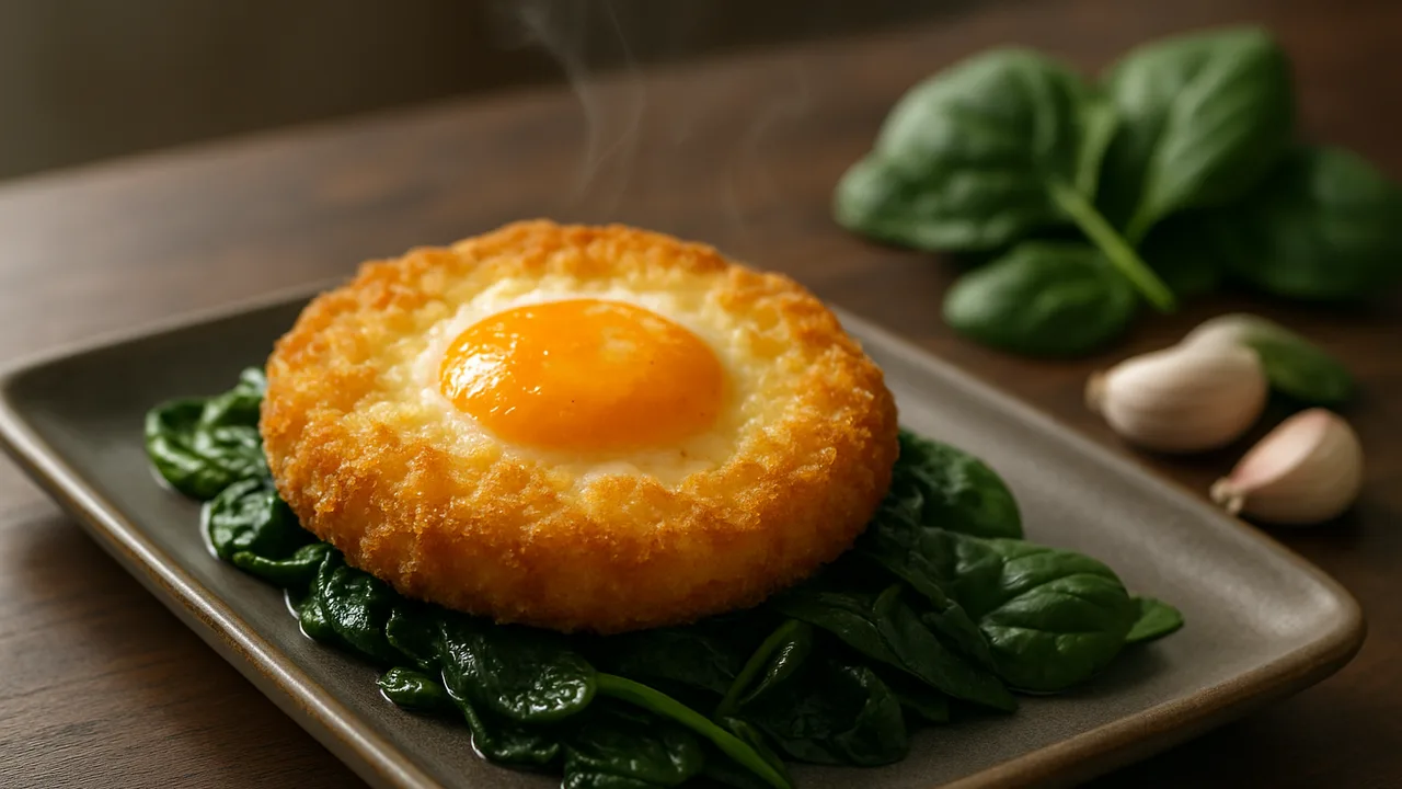Knusprig Ei mit Spinat aus dem Airfryer mit Eier und Spinat, auf dunklem Walnussholz angerichtet.