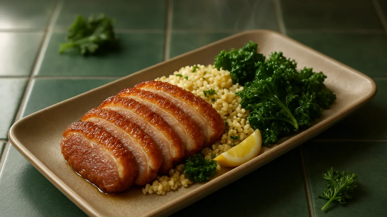 Knusprig Entenbrust Bowl mit Couscous und Grünkohl aus dem Airfryer mit Entenbrust und Couscous, auf dunkelgrünen Fliesen …