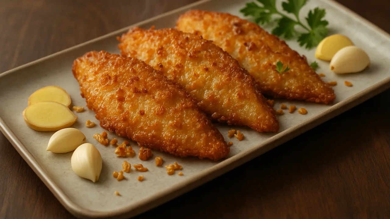 Knusprig Ingwer-Scholle-Röstchen aus dem Airfryer mit Schollenfilets und Ingwer, auf dunklem Walnussholz angerichtet.
