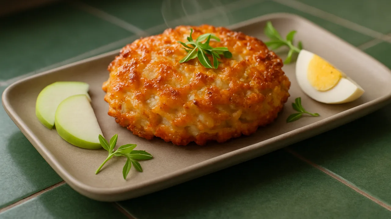 Knusprig Kohlrabi-Putenbrust-Röstchen aus dem Airfryer mit Kohlrabi und Putenbrust, auf dunkelgrünen Fliesen angerichtet.