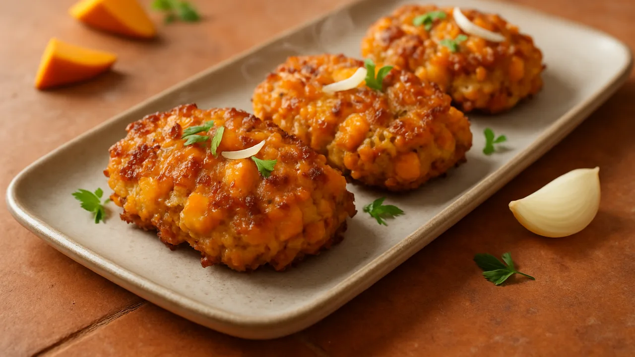 Knusprig Kürbis-Putenbrust-Röstchen aus dem Airfryer mit Putenbrust und Hokkaido-Kürbis, auf Terracotta-Fliesen angerichtet.