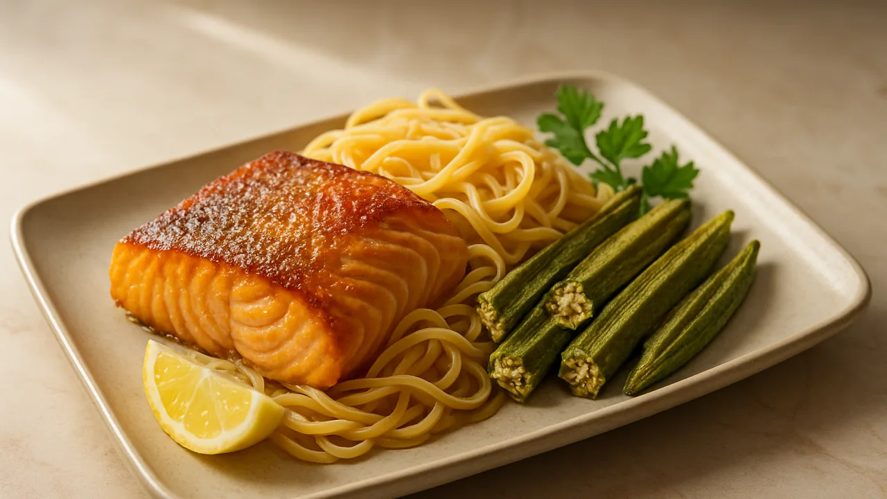 Knusprig Lachs Bowl mit Nudeln und Okra aus dem Airfryer mit Lachsfilet und Nudeln, auf beigem Marmor angerichtet.