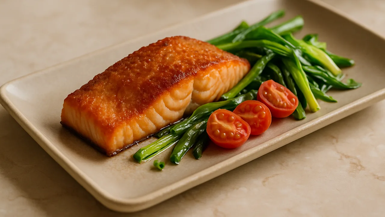 Knusprig Lachs-Frühlingszwiebel-Schale aus dem Airfryer mit Lachsfilet und Frühlingszwiebeln, auf beigem Marmor angerichtet.