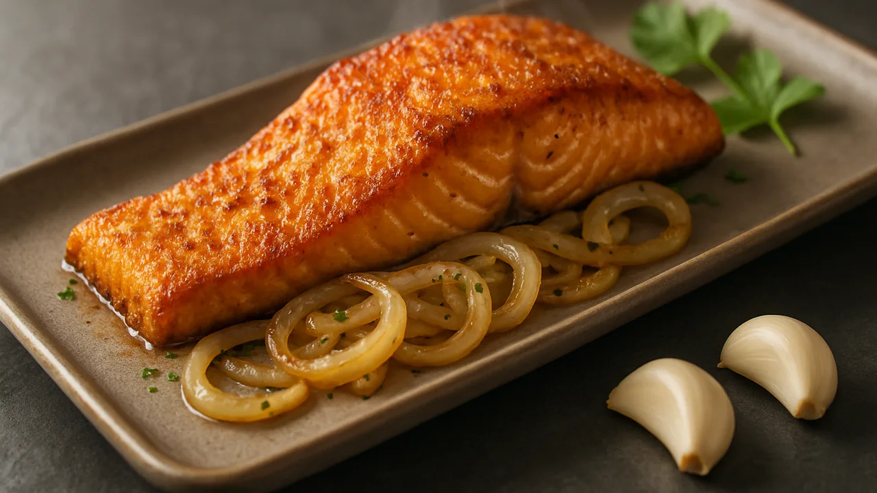 Knusprig Lachs mit Zwiebel aus dem Airfryer mit Lachsfilet und Zwiebel, auf dunklem Schiefer angerichtet.