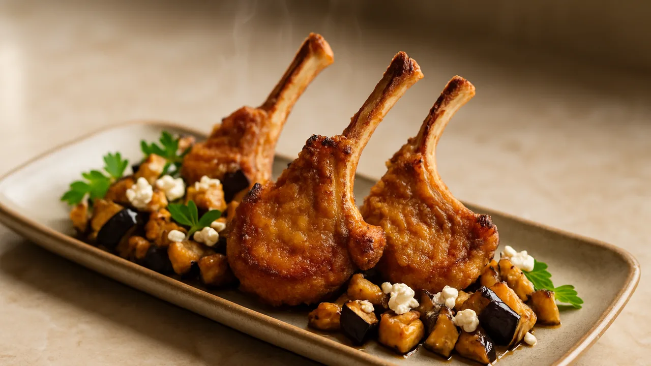 Knusprig Lammkotelett-Aubergine-Schale aus dem Airfryer mit Lammkoteletts und Aubergine, auf beigem Marmor angerichtet.