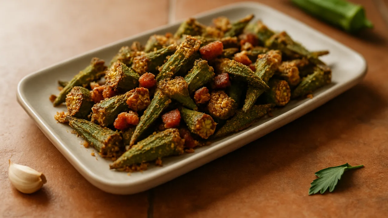 Knusprig Okra-Speck-Röstchen aus dem Airfryer mit Okra und Speckwürfel, auf Terracotta-Fliesen angerichtet.