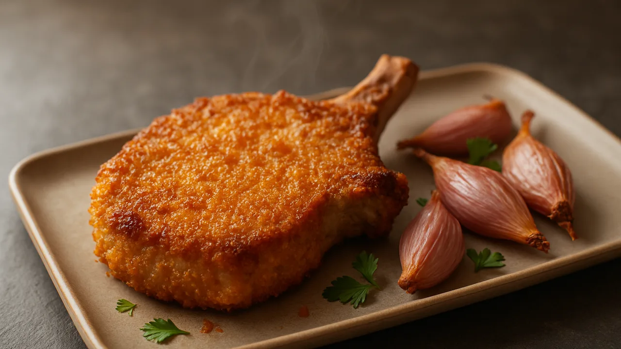 Knusprig Schweinekotelett-Schalotte-Schale aus dem Airfryer mit Schweinekotelett und Schalotten, auf dunklem Schiefer …