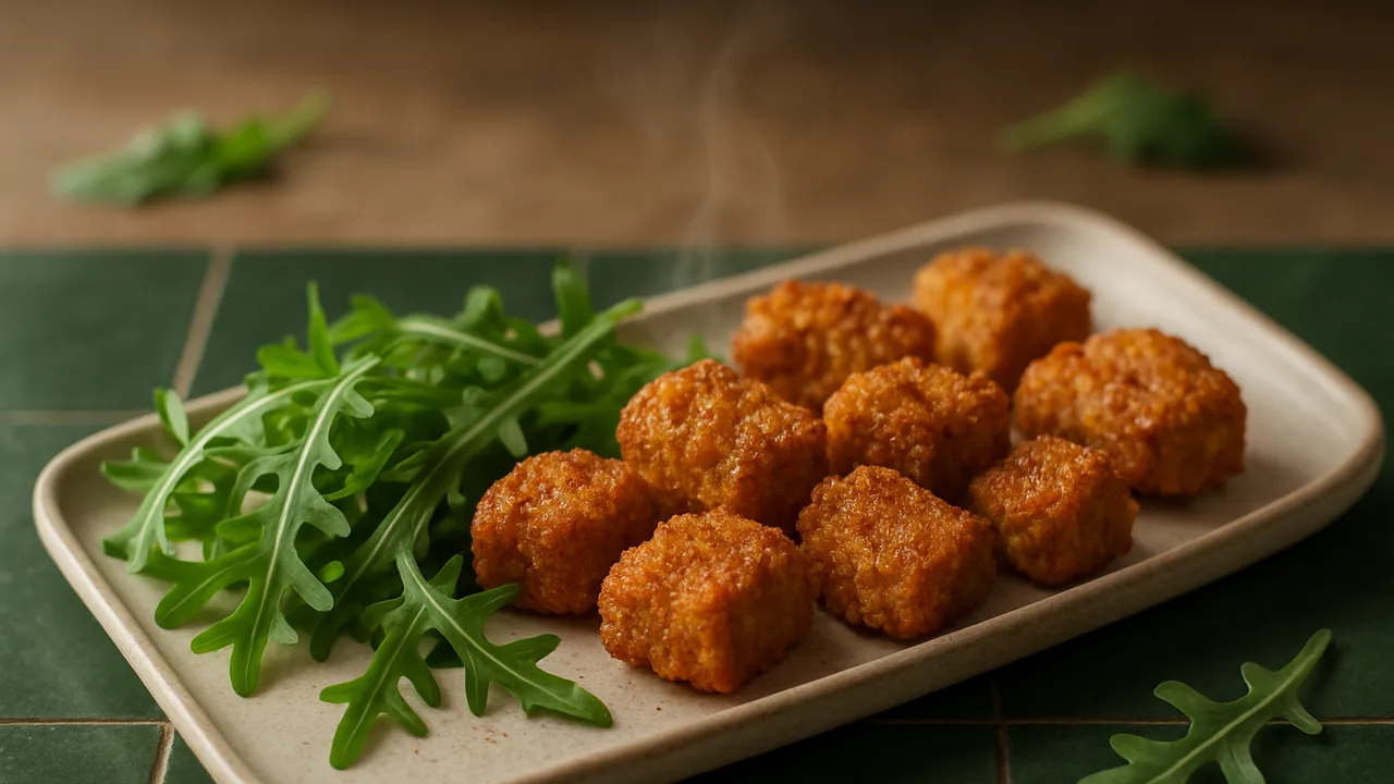 Knusprige Sojaschnetzel-Nuggets mit Rucola aus dem Airfryer mit Sojaschnetzel und Gemüsebrühe, auf dunkelgrünen Fliesen …