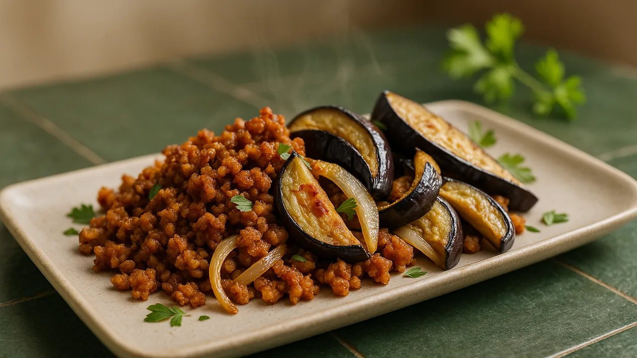 Knusprig Veggie-Hack mit Aubergine aus dem Airfryer mit Veggie-Hack und Aubergine, auf dunkelgrünen Fliesen angerichtet.