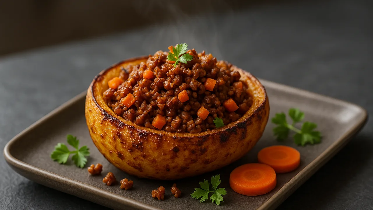 Knusprig Veggie-Hack-Steckrübe-Schale aus dem Airfryer mit Veggie-Hack und Steckrübe, auf dunklem Schiefer angerichtet.