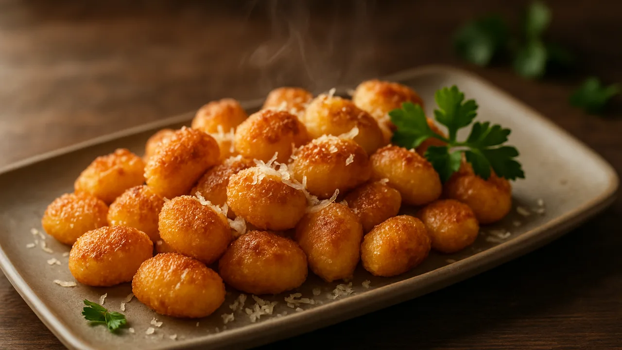 Knusprige Gnocchi aus dem Airfryer mit Gnocchi (vorgegart, aus der Packung) und Parmesan, auf dunklem Walnussholz …