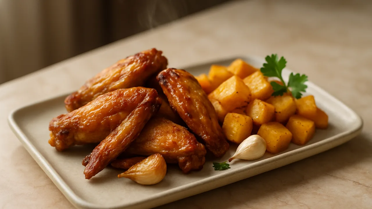 Knusprige Hähnchenflügel mit Steckrübe aus dem Airfryer mit Hähnchenflügel und Steckrübe, auf beigem Marmor angerichtet.