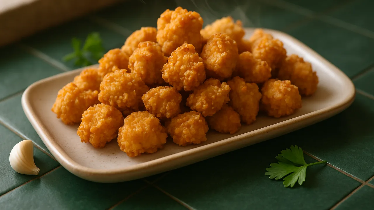 Knusprige Hähnchenstücke als Popcorn Chicken aus dem Airfryer mit Hähnchenbrust und Ei, auf dunkelgrünen Fliesen angerichtet.