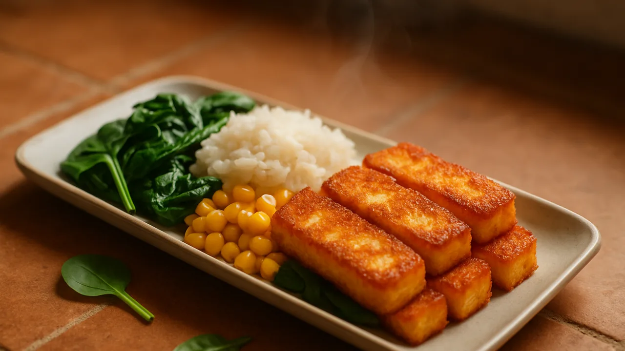 Knusprige Halloumi Bowl mit Reis und Spinat aus dem Airfryer mit Reis und Halloumi, auf Terracotta-Fliesen angerichtet.