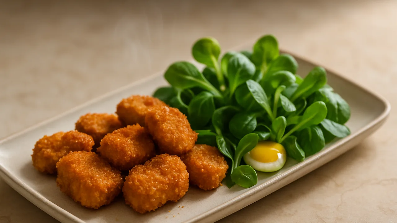 Knusprige Kalbsschnitzel-Nuggets mit Feldsalat aus dem Airfryer mit Kalbsschnitzel und Ei, auf beigem Marmor angerichtet.