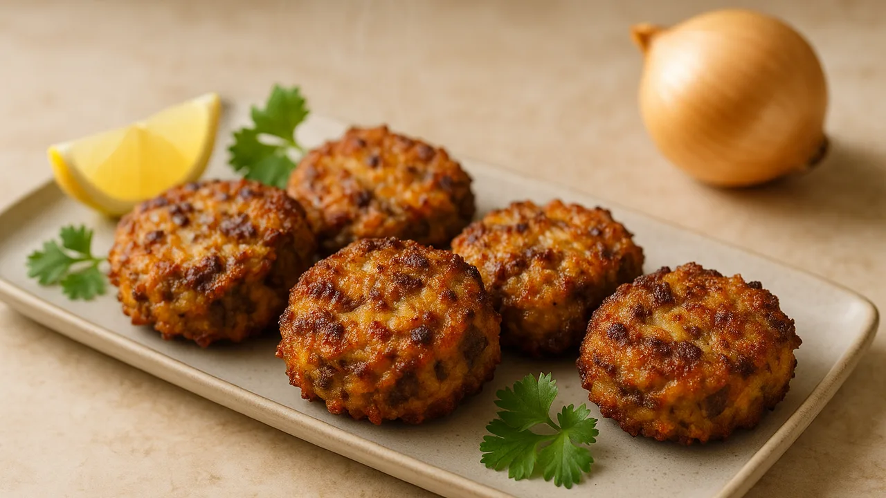 Knusprige Kartoffel-Rinderhackfleisch-Röstchen indisch aus dem Airfryer mit Kartoffeln und Rinderhackfleisch, auf beigem …