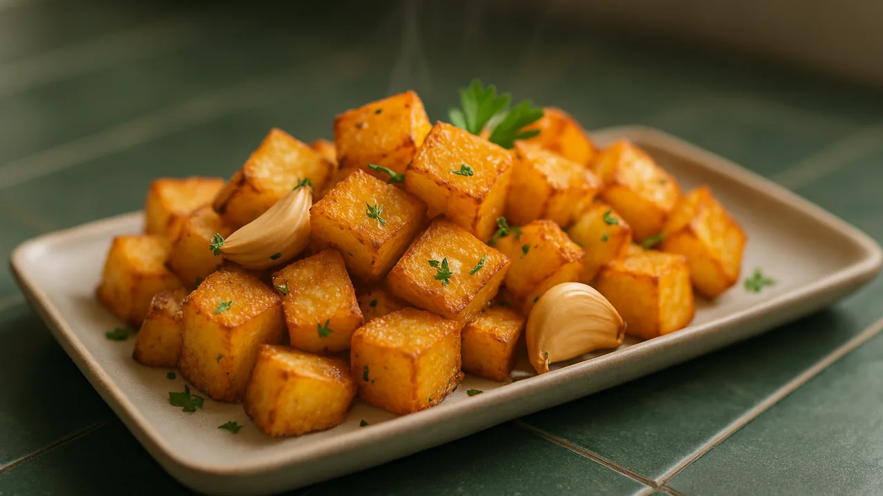 Knusprige Kartoffelwürfel mit Knoblauch aus dem Airfryer mit Kartoffeln und Knoblauchzehen, auf dunkelgrünen Fliesen …