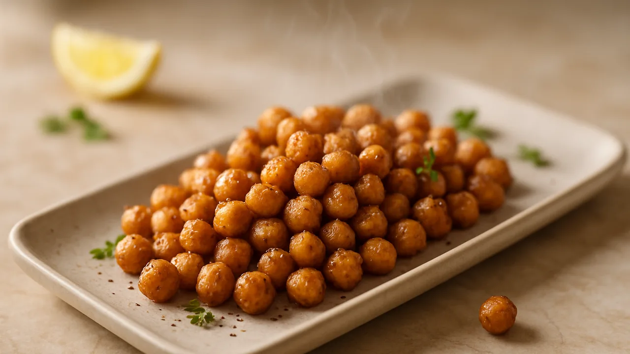 Knusprige Kichererbsen als Snack aus dem Airfryer mit Kichererbsen (aus der Dose), auf beigem Marmor angerichtet.