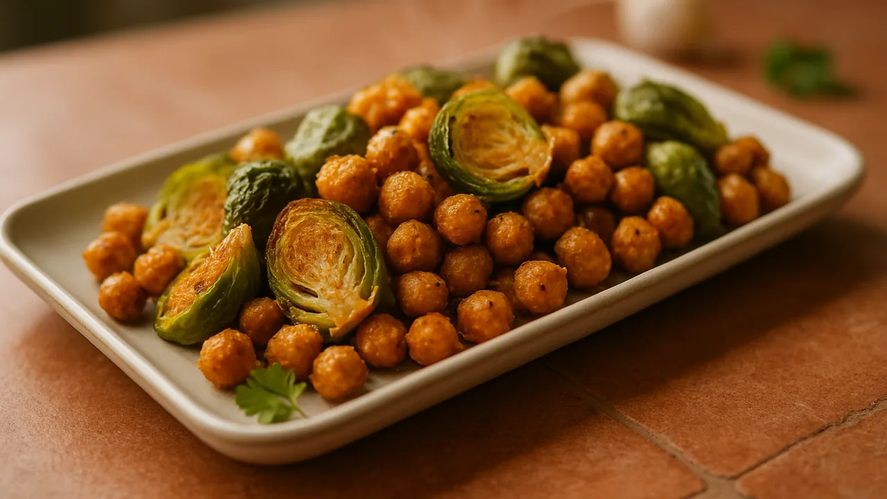 Knusprige Kichererbsen mit Rosenkohl aus dem Airfryer mit Kichererbsen und Rosenkohl, auf Terracotta-Fliesen angerichtet.