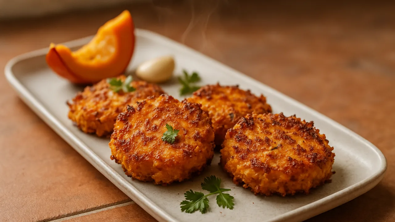 Knusprig Kürbis-Halloumi-Röstchen aus dem Airfryer mit Hokkaido-Kürbis und Halloumi, auf Terracotta-Fliesen angerichtet.