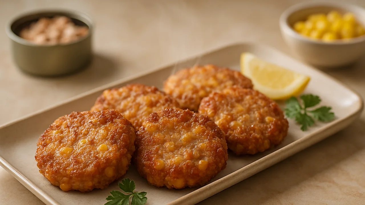 Knusprige Mais-Thunfisch-Röstchen aus dem Airfryer mit Thunfisch aus der Dose und Mais, auf beigem Marmor angerichtet.