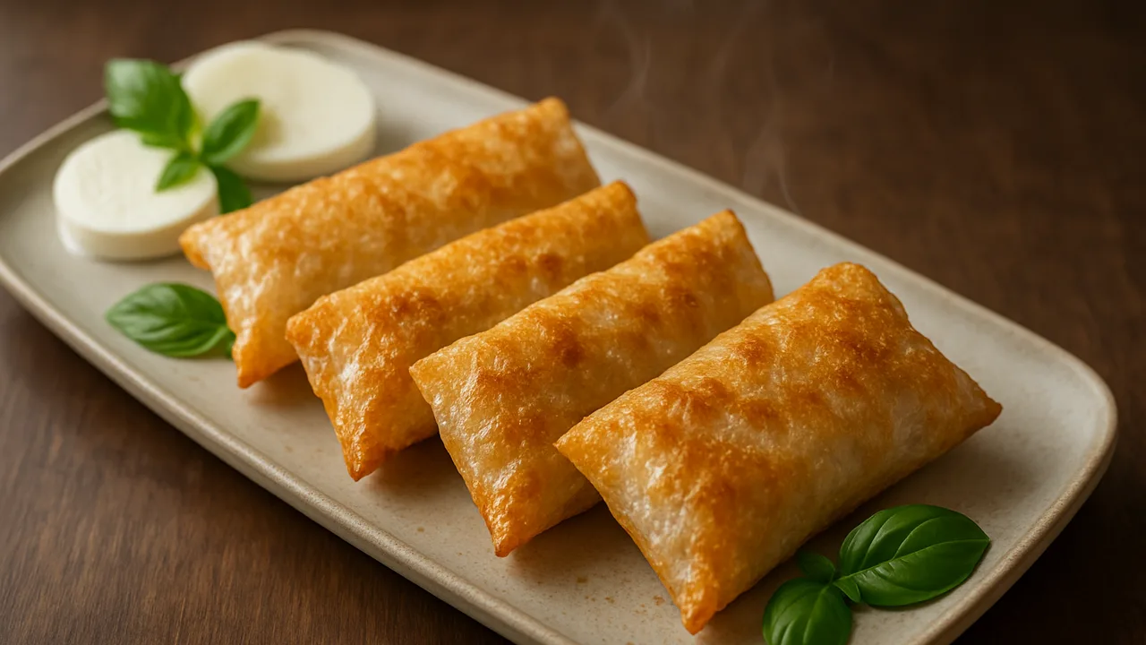 Knusprige Reispapier-Taschen mit Mozzarella aus dem Airfryer mit Reispapierblätter und Mozzarella, auf dunklem Walnussholz …