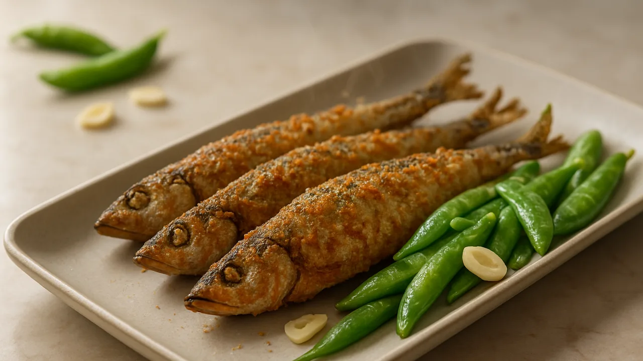 Knusprige Sardinen mit Zuckerschoten aus dem Airfryer mit Sardinen, frisch und Zuckerschoten, auf beigem Marmor angerichtet.