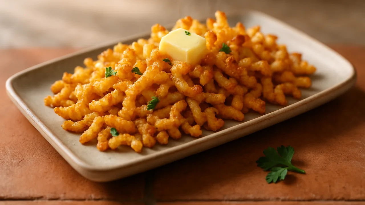 Knusprige Spätzle aus dem Airfryer mit Spätzle und Butter, auf Terracotta-Fliesen angerichtet.