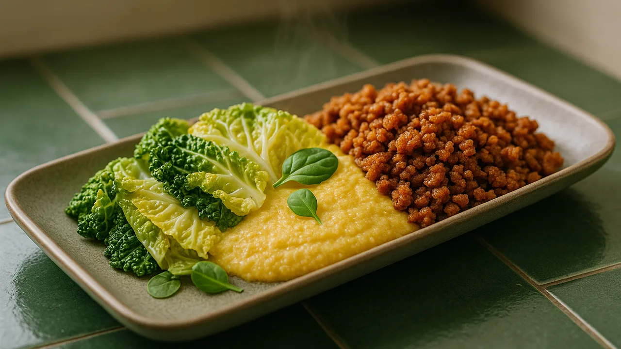 Knusprig Veggie-Hack Bowl mit Polenta und Wirsing aus dem Airfryer mit Veggie-Hack und Wirsing, auf dunkelgrünen Fliesen …