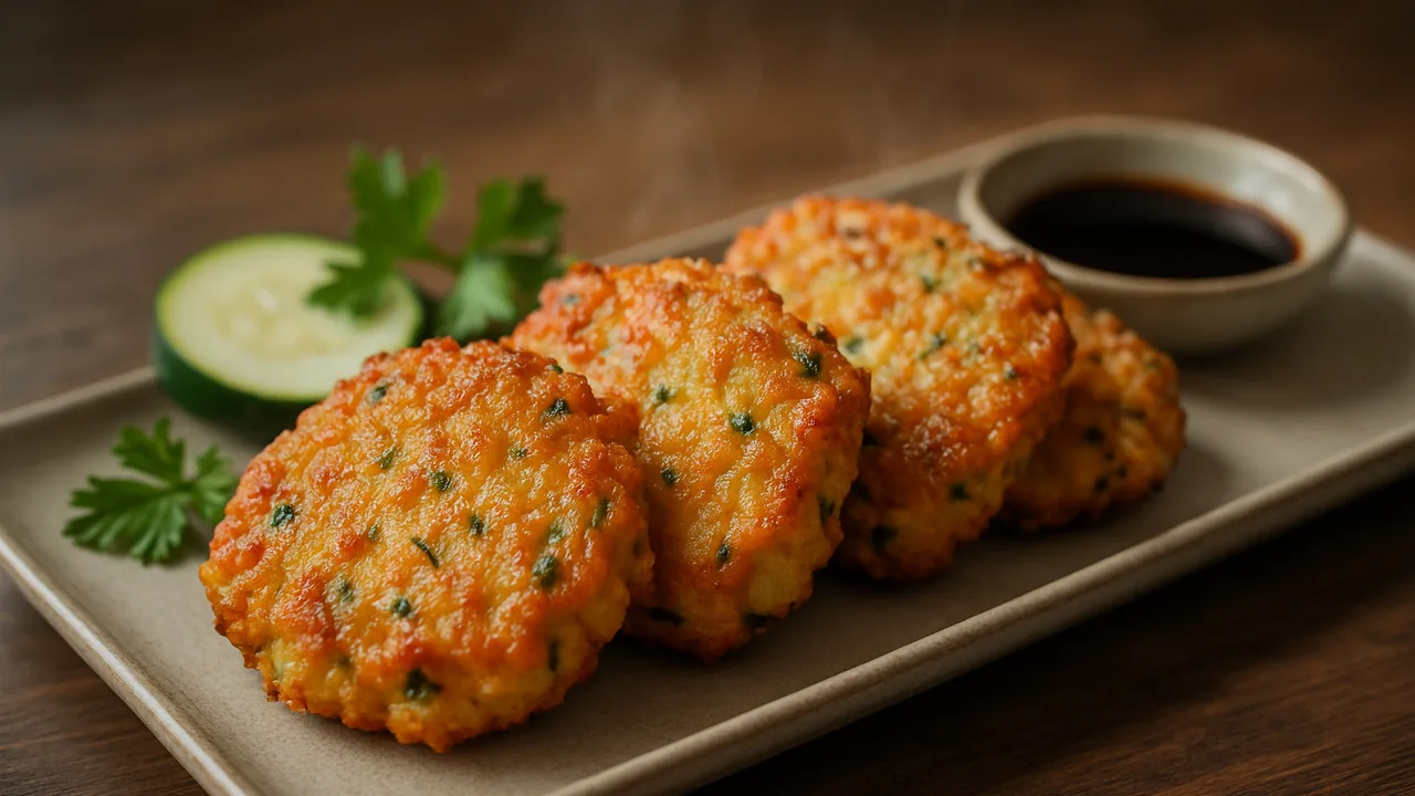 Knusprige Zucchini-Kabeljau-Röstchen aus dem Airfryer mit Kabeljaufilet und Zucchini, auf dunklem Walnussholz angerichtet.