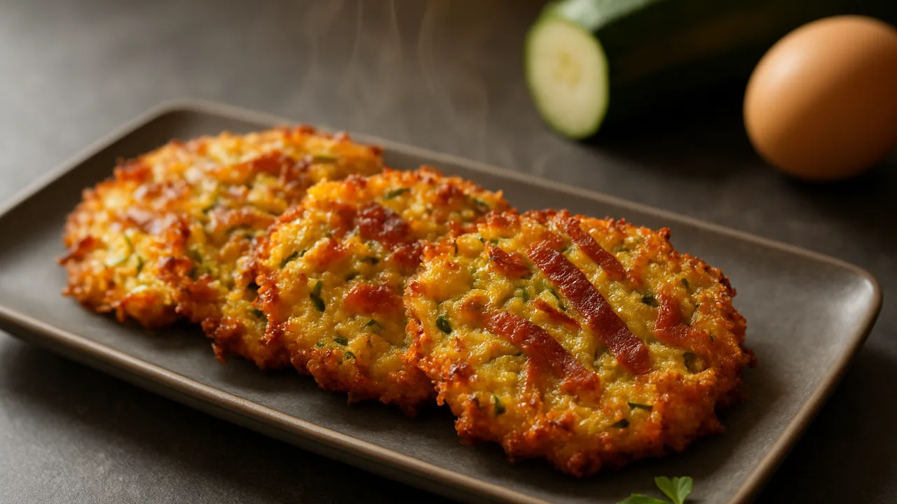 Knusprige Zucchini-Speck-Röstchen aus dem Airfryer mit Zucchini und Speckstreifen, auf dunklem Schiefer angerichtet.