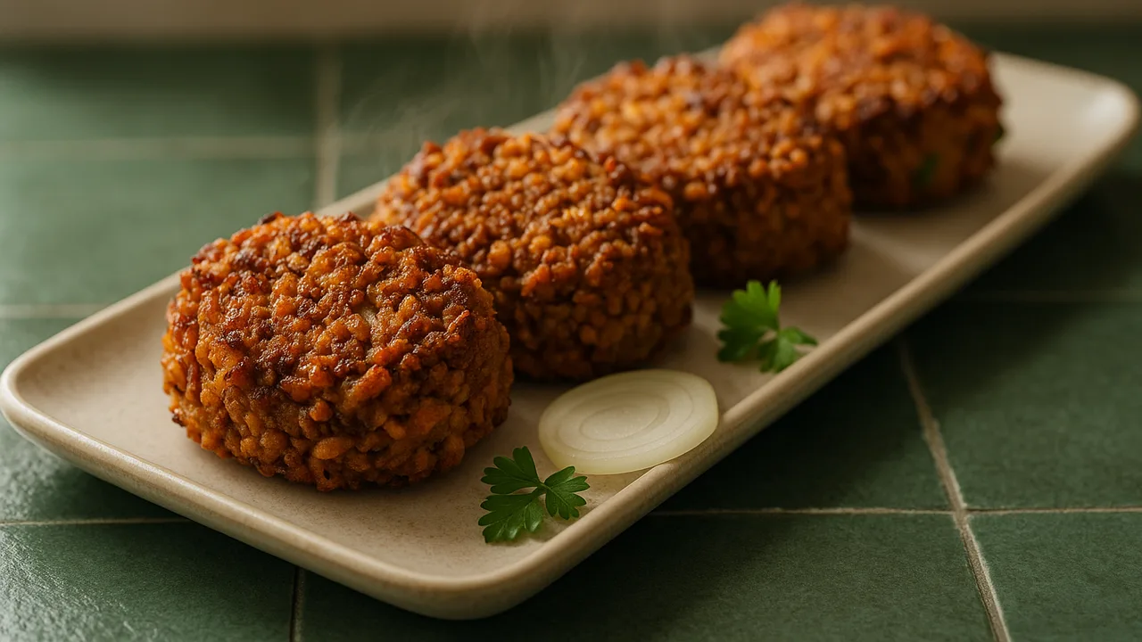 Knusprige Zwiebel-Veggie-Hack-Röstchen aus dem Airfryer mit Veggie-Hack und Zwiebeln, auf dunkelgrünen Fliesen angerichtet.
