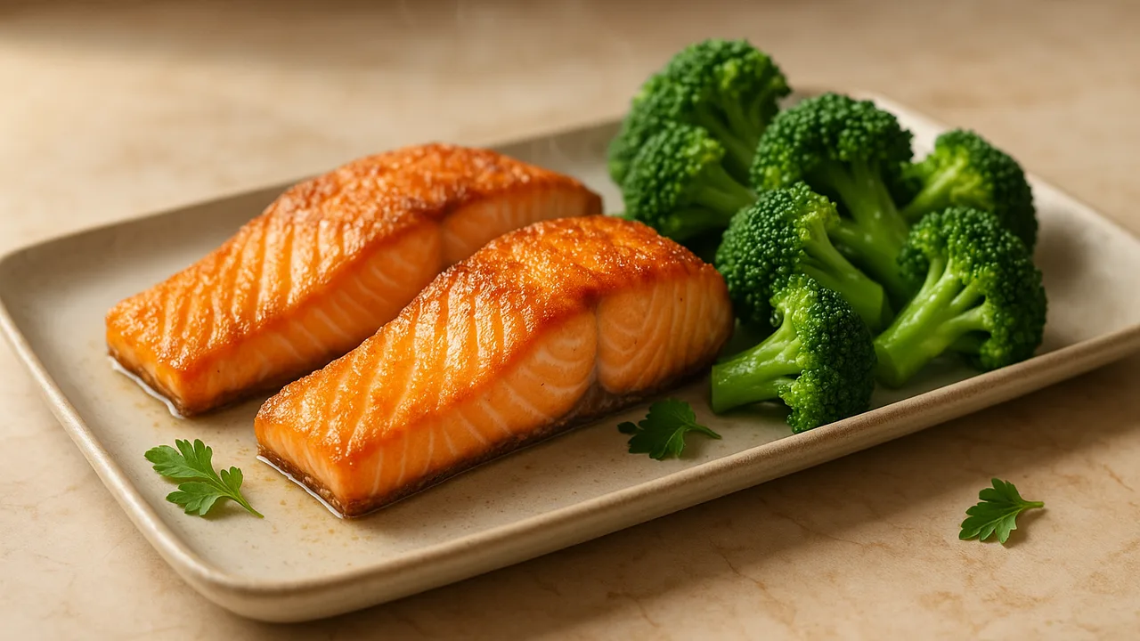 Knuspriger Lachs mit Brokkoli aus dem Airfryer mit Lachsfilets und Brokkoli, auf beigem Marmor angerichtet.