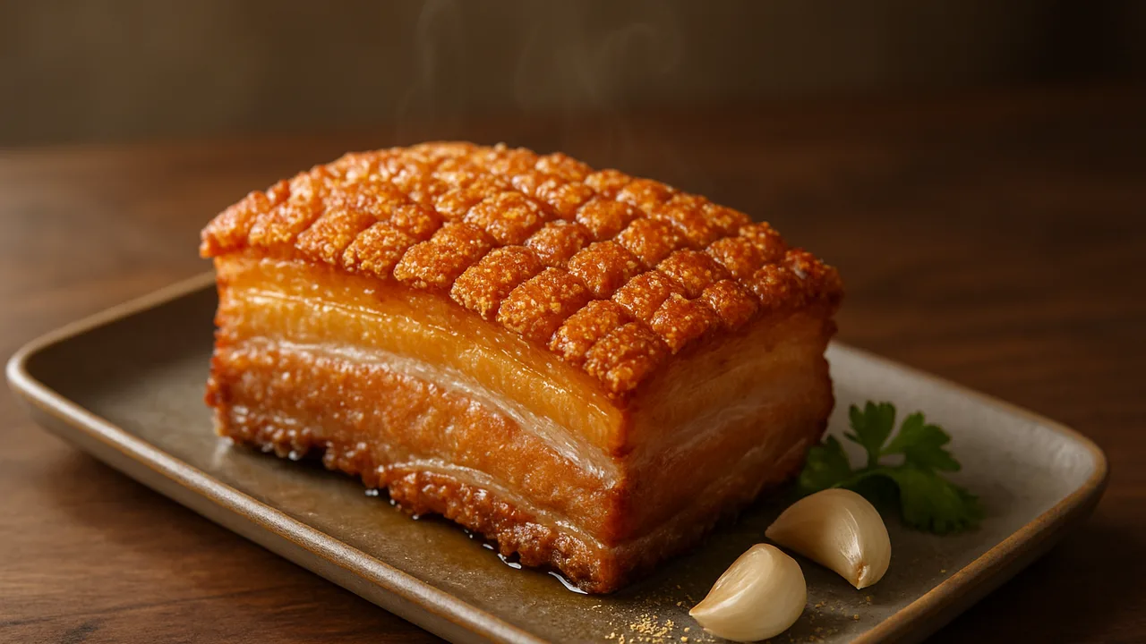 Knuspriger Schweinebauch mit Schwarte aus dem Airfryer mit Schweinebauch mit Schwarte und Knoblauchpulver, auf dunklem …