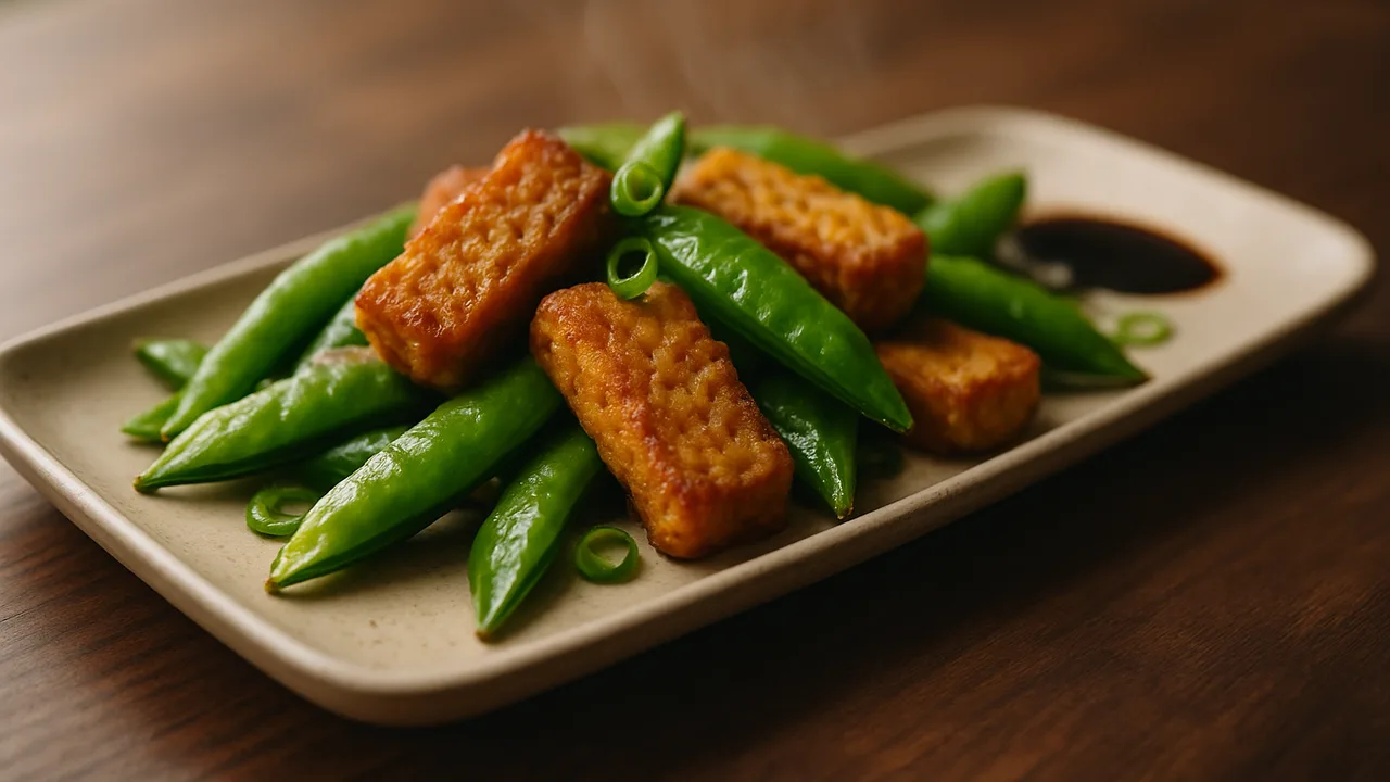 Knuspriger Tempeh mit Zuckerschoten aus dem Airfryer mit Tempeh und Zuckerschoten, auf dunklem Walnussholz angerichtet.