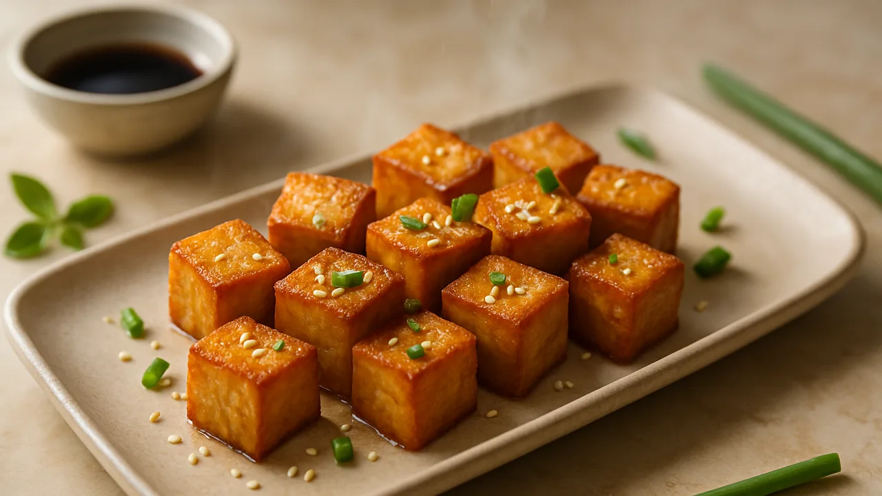 Knuspriger Tofu aus dem Airfryer mit Fester Tofu und Sojasauce, auf beigem Marmor angerichtet.