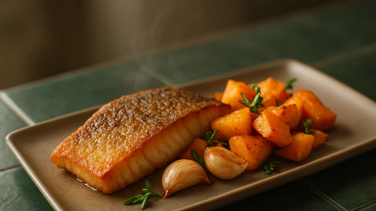 Knuspriger Zander mit Kürbis aus dem Airfryer mit Zanderfilet und Kürbis, auf dunkelgrünen Fliesen angerichtet.