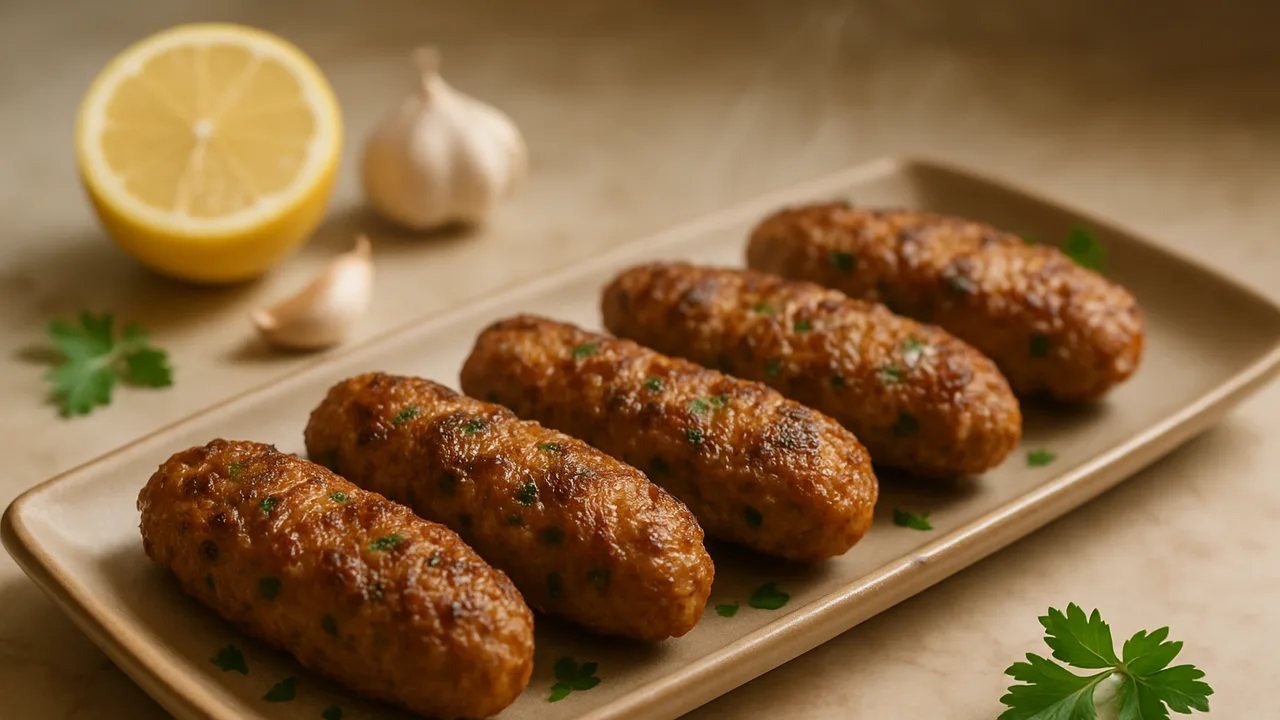 Köfte nach türkischer Art mit Kreuzkümmel und Petersilie aus dem Airfryer mit Rinderhackfleisch und Zwiebel, auf beigem …