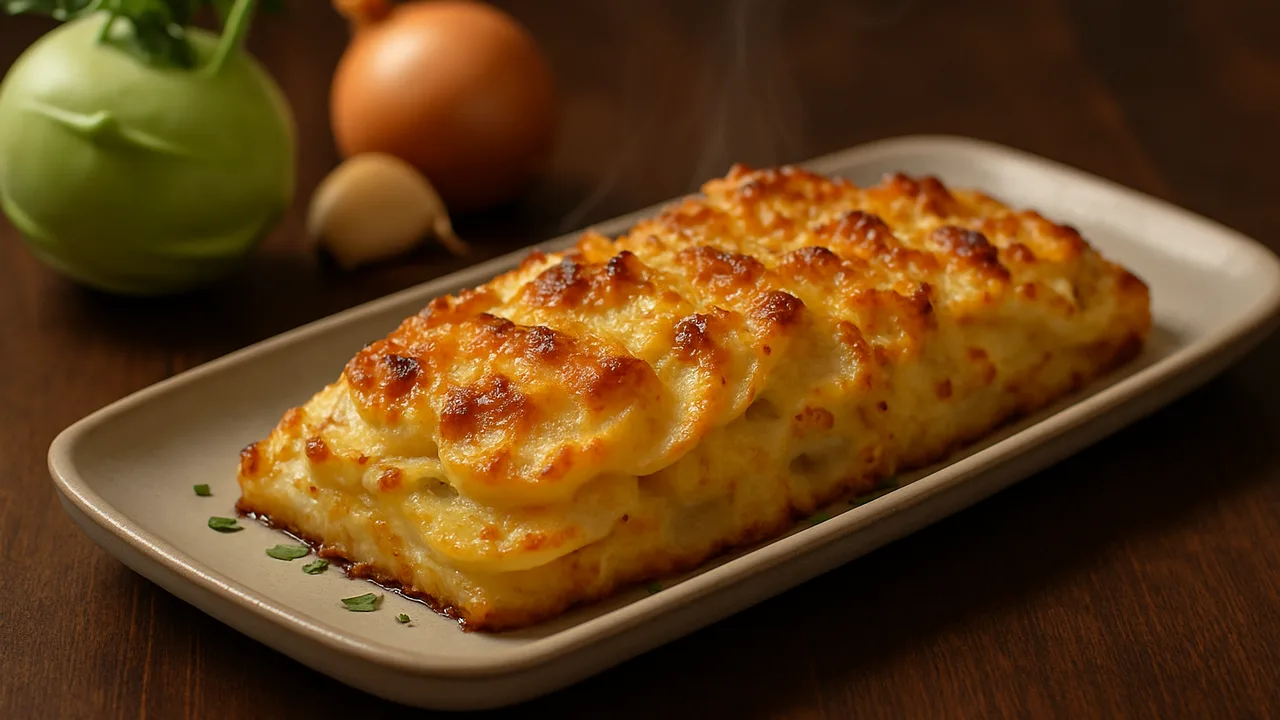 Kohlrabi-Emmentaler-Auflauf aus dem Airfryer mit Kohlrabi und Zwiebel, auf dunklem Walnussholz angerichtet.