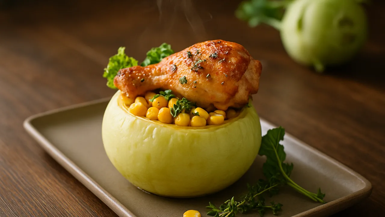 Kohlrabi gefüllt mit Hähnchenschenkel und Kräutern aus dem Airfryer mit Kohlrabi und Hähnchenschenkel, auf dunklem …