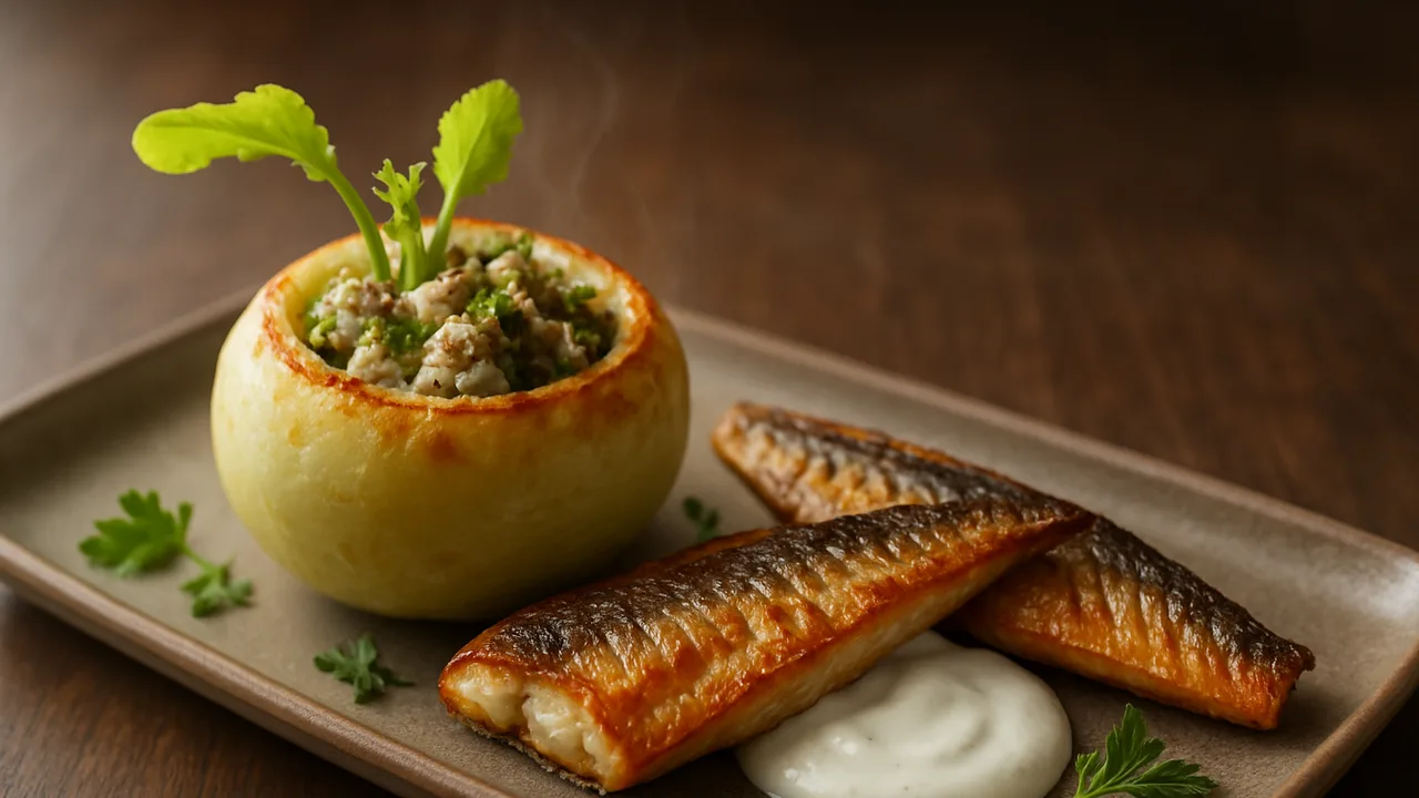 Kohlrabi gefüllt mit Makrele und Kräutern aus dem Airfryer mit Kohlrabi und Makrelenfilets, auf dunklem Walnussholz …