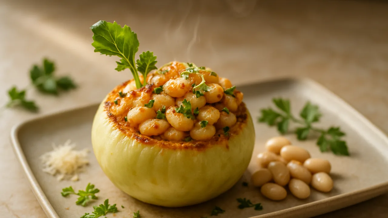 Kohlrabi gefüllt mit Weiße Bohnen und Kräutern aus dem Airfryer mit Kohlrabi und weiße Bohnen, auf beigem Marmor angerichtet.