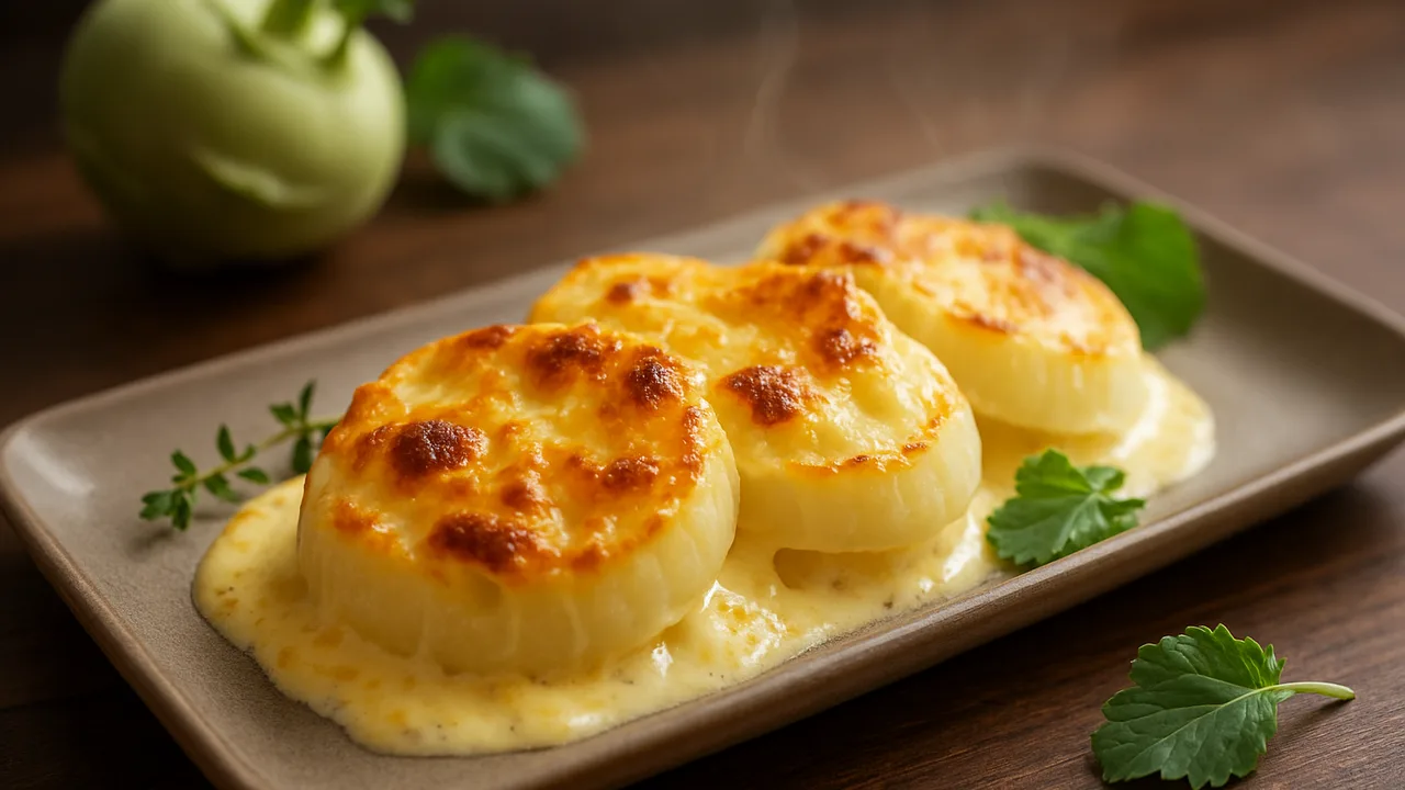 Kohlrabi mit Käse überbacken aus dem Airfryer mit Kohlrabi und Gouda, auf dunklem Walnussholz angerichtet.