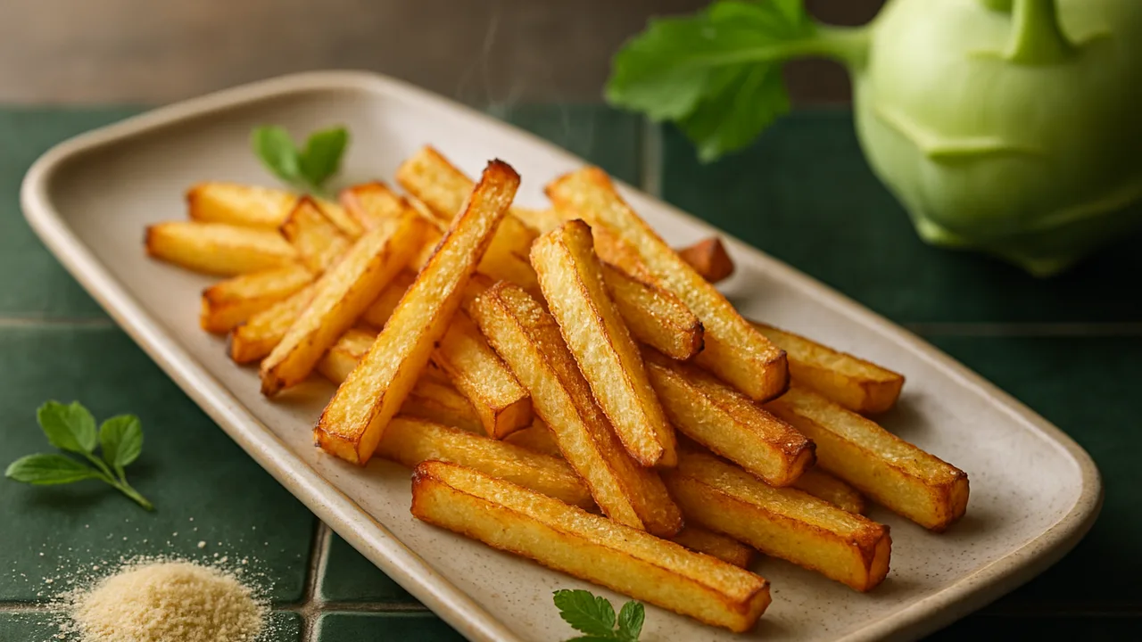 Kohlrabi-Pommes – die Low-Carb-Variante aus dem Airfryer mit Kohlrabi und Knoblauchpulver, auf dunkelgrünen Fliesen …