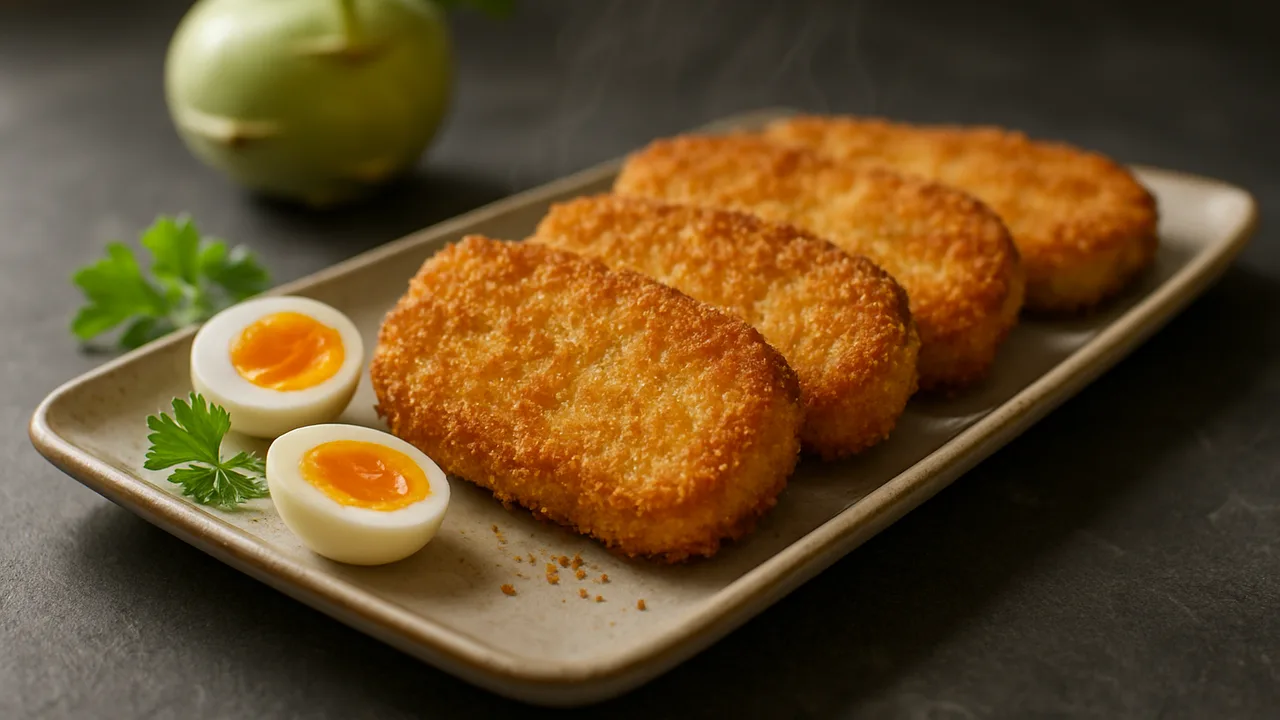 Kohlrabi-Schnitzel paniert aus dem Airfryer mit Kohlrabi und Eier, auf dunklem Schiefer angerichtet.