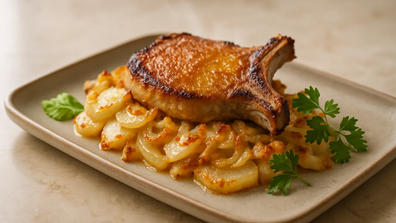 Kohlrabi-Schweinekotelett Auflauf aus dem Airfryer mit Schweinekotelett und Kohlrabi, auf beigem Marmor angerichtet.