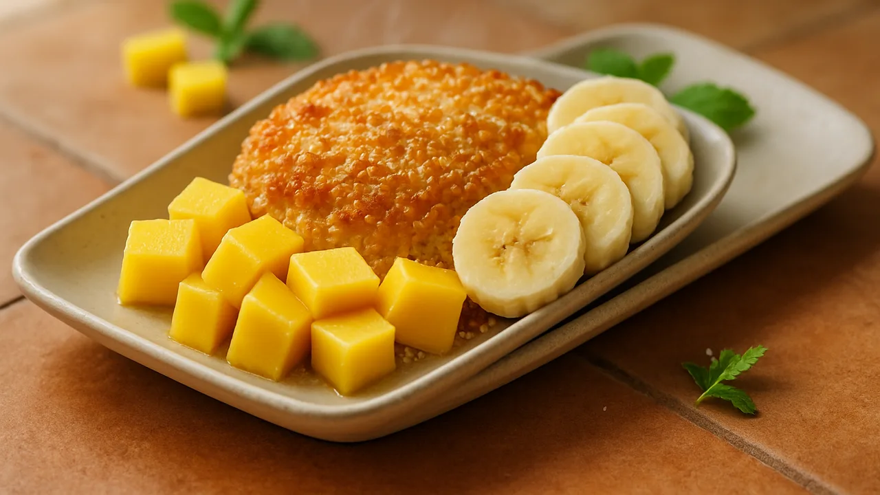 Kokos-Mango-Bowl aus dem Airfryer mit Mango und Kokosraspeln, auf Terracotta-Fliesen angerichtet.
