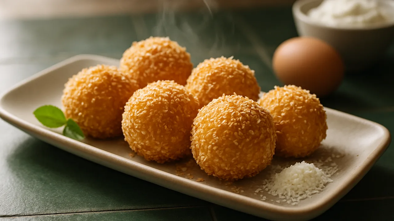 Kokos-Quarkbällchen aus dem Airfryer mit Magerquark und Ei, auf dunkelgrünen Fliesen angerichtet.